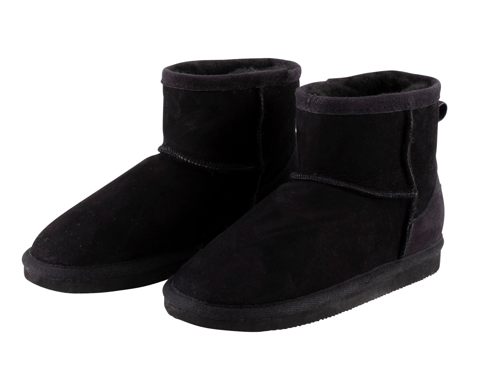 A pair of black ankel high sheepskin boots with a warm and comfortable sheepskin inside.