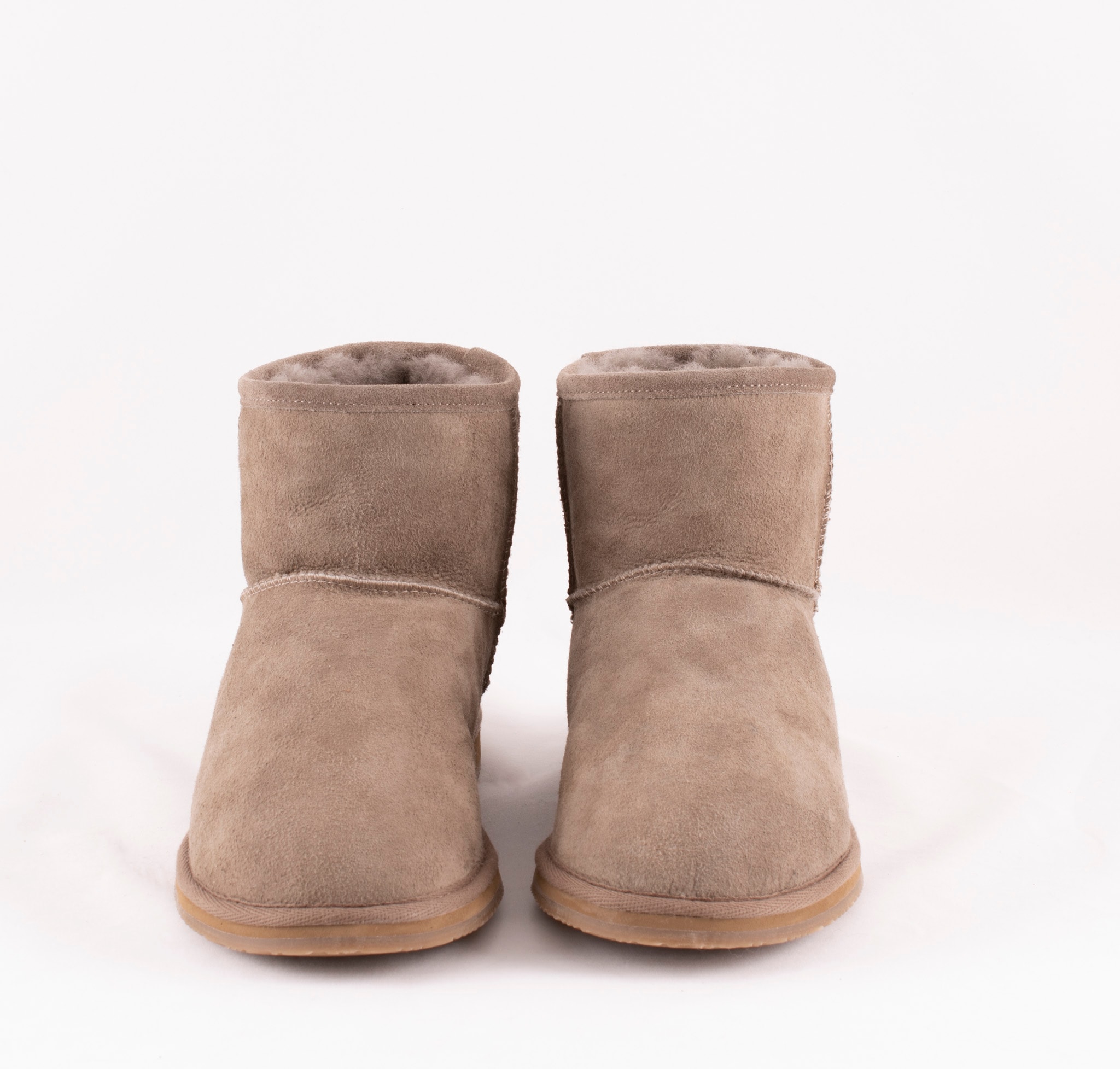 A pair of grey ankel high sheepskin boots with a warm and comfortable sheepskin inside.