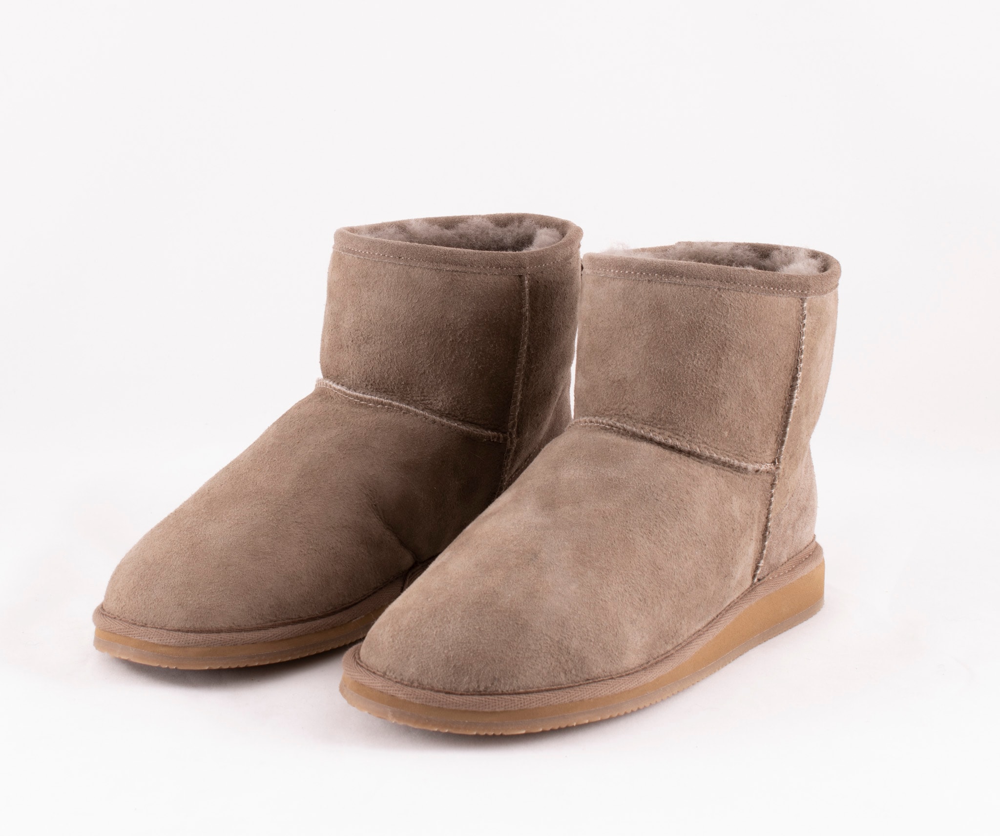 A pair of grey ankel high sheepskin boots with a warm and comfortable sheepskin inside.