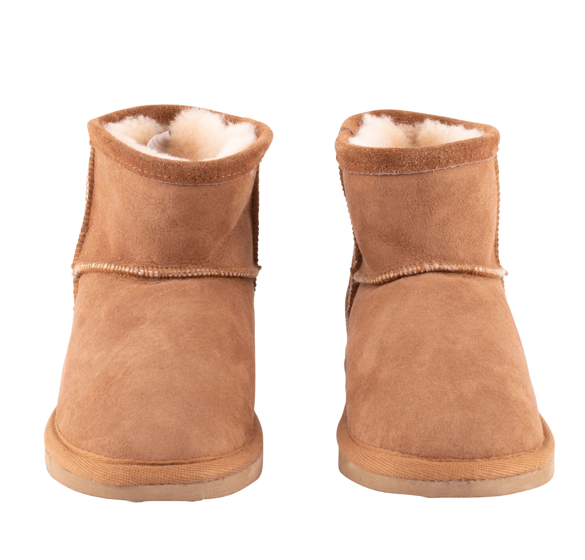 A pair of brown ankel high sheepskin boots with a warm and comfortable sheepskin inside.